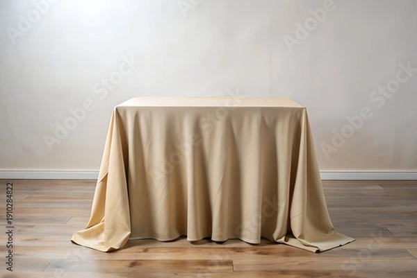 Obraz Elegantly Draped Beige Tablecloth on Wooden Table