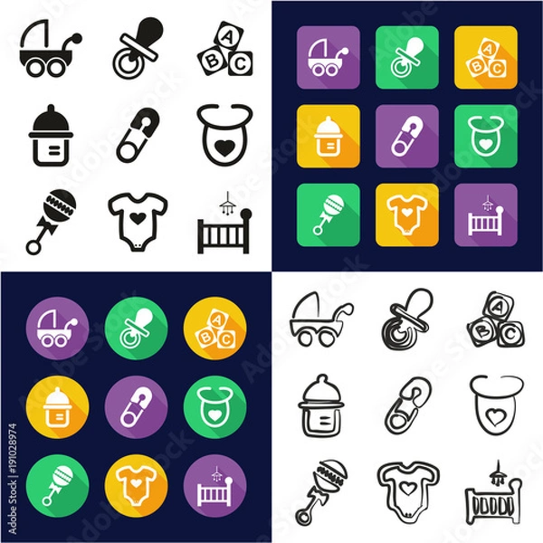 Fototapeta Baby Stuff All in One Icons Black & White Color Flat Design Freehand Set