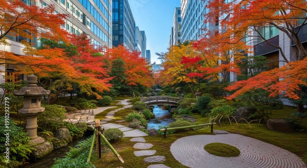 Obraz ビルの谷間の紅葉の日本庭園