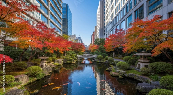 Obraz ビルの谷間の紅葉の日本庭園