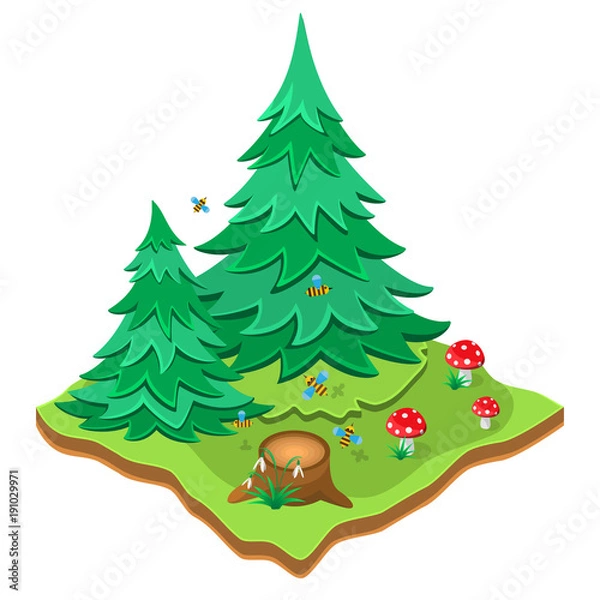 Fototapeta Forest in the spring. Nature landscape with spruces, bees, mushrooms, stump and snowdrops. 3D isometric view. Vector illustration.