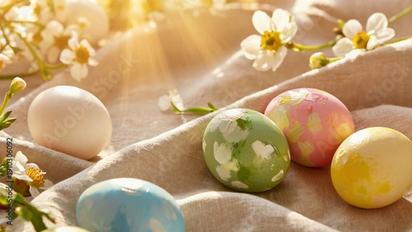 Fototapeta Pastel Easter Eggs and Spring Blossoms