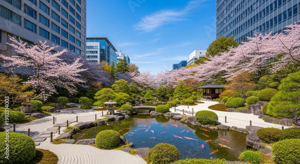 Obraz ビルの谷間の桜と新緑の日本庭園