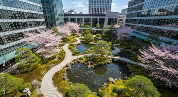 Obraz ビルの谷間の桜と新緑の日本庭園