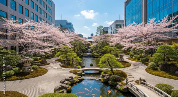 Obraz ビルの谷間の桜と新緑の日本庭園