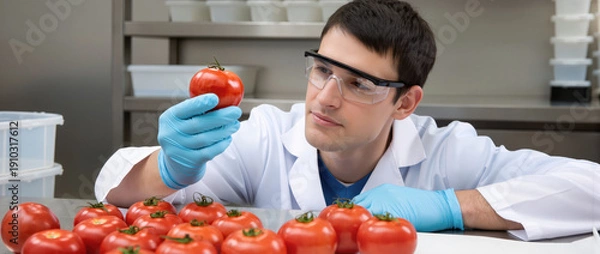 Obraz Scientist closely examines ripe tomatoes in lab setting
