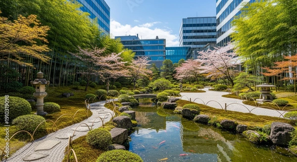 Obraz ビルの谷間の桜と新緑の日本庭園