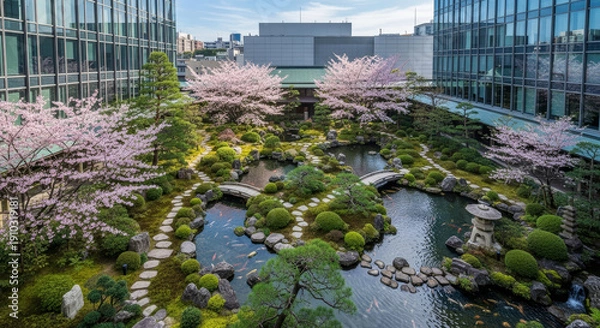 Obraz ビルの谷間の桜と新緑の日本庭園