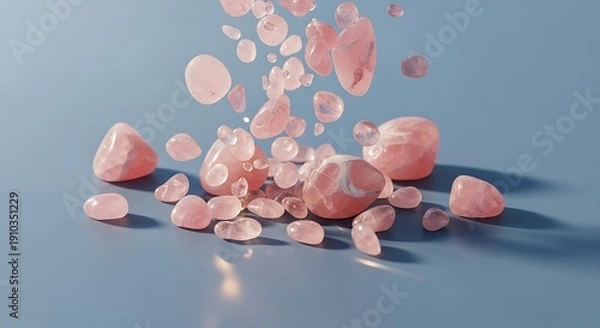 Obraz Pink rose petals falling on blue surface.