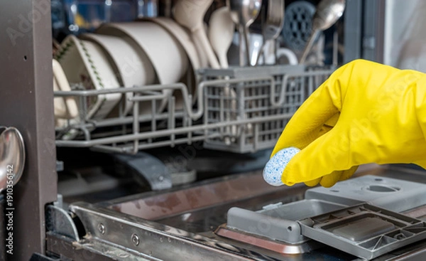 Obraz 식기 세척기에 전용세제를 넣는 장면, 주방 위생 관리