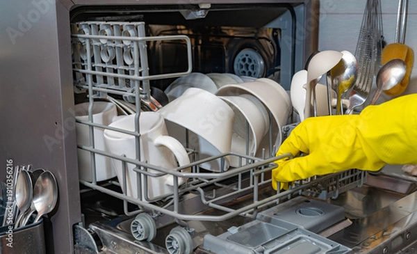 Obraz 식기 세척기를 사용하는 주방 장면, 설거지와 위생 관리
