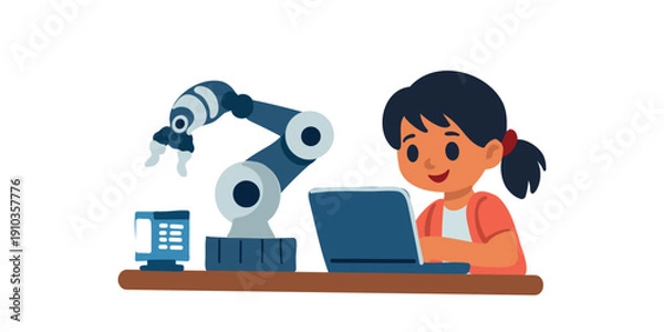 Fototapeta female child inventor assembling smart robotics machine