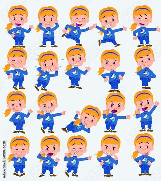 Fototapeta Cartoon character white girl. Set with different postures, attitudes and poses, doing different activities in isolated vector illustrations.
