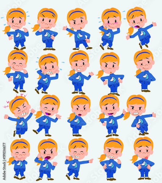 Fototapeta Cartoon character white girl. Set with different postures, attitudes and poses, doing different activities in isolated vector illustrations.