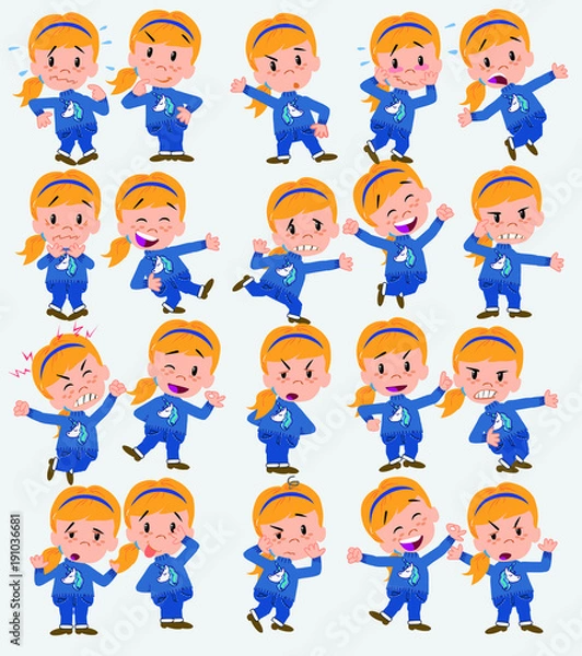 Fototapeta Cartoon character white girl. Set with different postures, attitudes and poses, doing different activities in isolated vector illustrations.