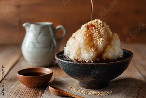 Obraz 和風カフェで食べる黒蜜シロップのかき氷