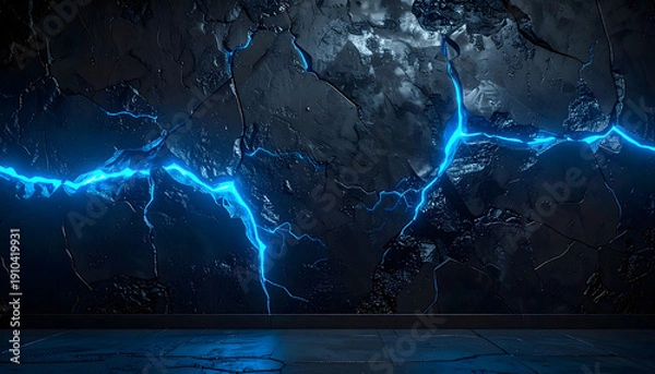 Obraz 黒壁に走る青いエネルギー亀裂