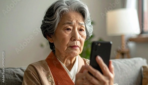 Obraz スマホを操作するシニア女性,困った顔