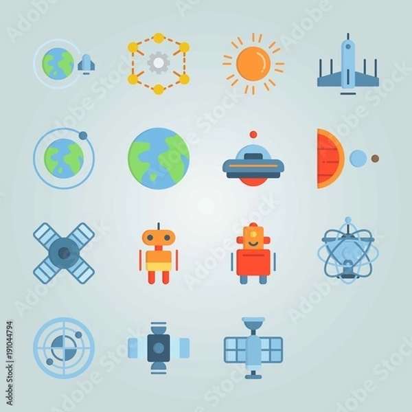 Fototapeta Icon set about Universe. with spacecraft, circles and system of planets