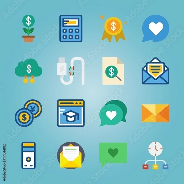 Fototapeta icon set about Marketing with dollar cloud, computer, calculator, money and letter