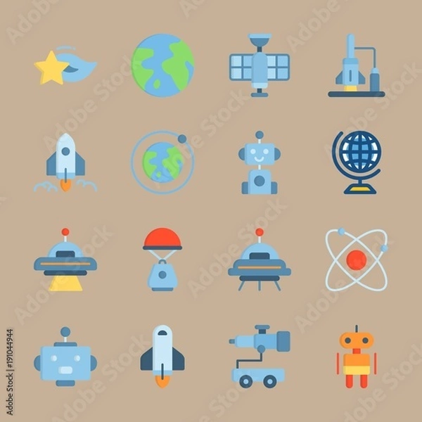 Fototapeta Icon set about Universe. with globus, robot car and sun system