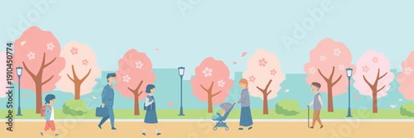 Obraz 桜並木を歩く通勤・通学の人々のバナーイラスト