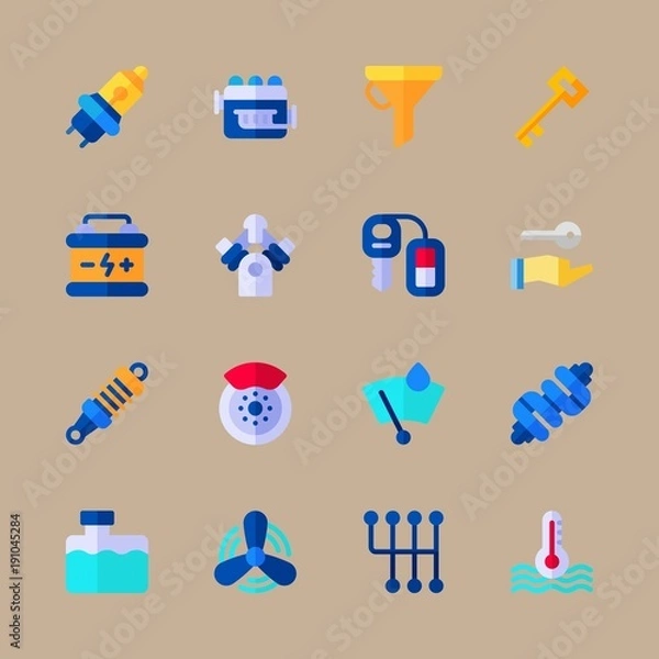 Fototapeta icon set about car engine with brake, drop of rain and battery