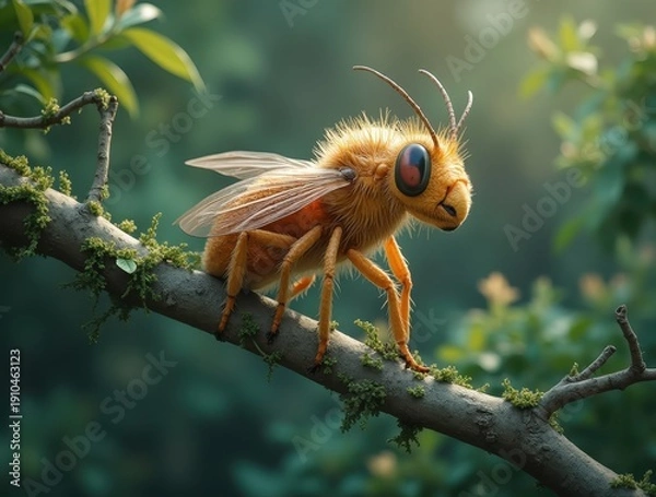 Obraz Fluffy bee creature sitting on a mossy tree branch