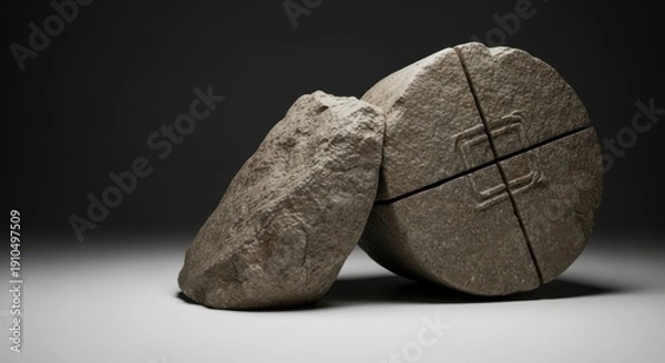 Obraz Rough Stone and Split Round Stone on Dark Background