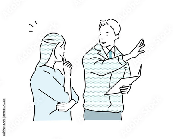 Obraz 男性と女性ー作業服を着たビジネスマンが見積もりをお客に見せているイラストー営業ー契約ープランー投資