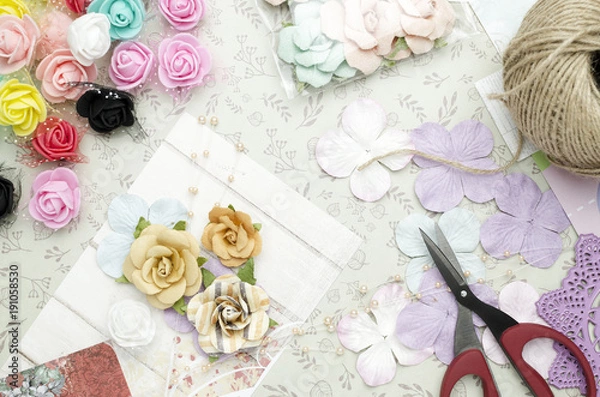 Fototapeta creative workplace with paper, scrapbooking