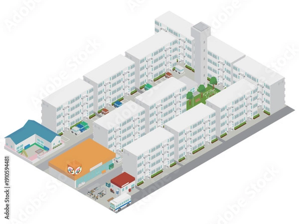 Obraz 広大な敷地に並ぶマンモス団地の全景アイソメトリックイラスト 街並み背景
