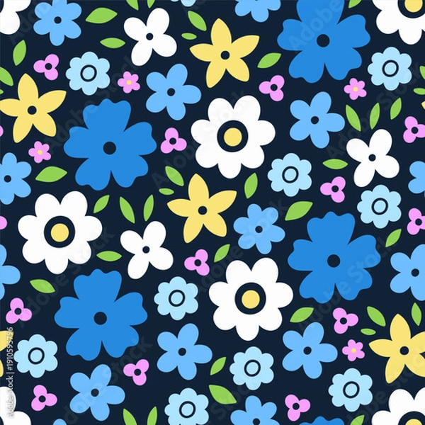Fototapeta A simple seamless pattern with multicolored flowers on a dark background. Vector graphics.