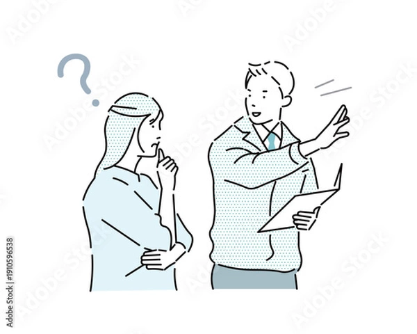 Obraz 作業服を着たビジネスマンが見積もりをお客に説明するイラストー営業ー契約ー困った女性ー疑問を持つ女