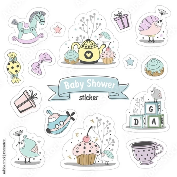 Fototapeta Set of Baby shower stickers. Isolated on a white background drawn by hand.