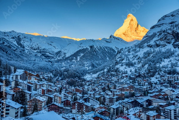 Obraz Early Morning landscape View on Zermatt city village  Valley and Matterhorn Peak in the Morning, Switzerland