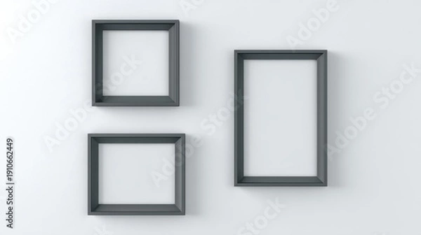 Fototapeta Three empty frames hang neatly on a plain wall,
