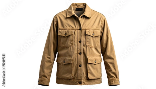 Obraz A tan, button-down utility jacket with four front pockets, styled on a black background