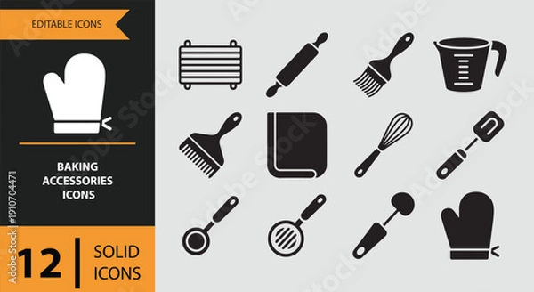 Fototapeta Baking Accessories Icons solid icon set.Essential baking tool solid icons