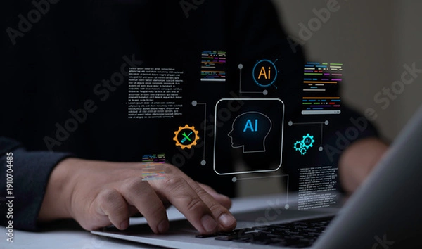 Obraz Programmer typing on laptop with AI coding assistant hologram displaying source code, gears, and AI head icon. Concept of software development, automation, and smart programming.