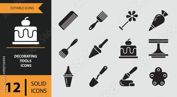 Fototapeta Decorating Tools Icons solid icon set.Cake decorating tool solid icons
