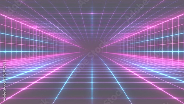Obraz ピンクと紫のネオンが輝くレトロなグリッド背景