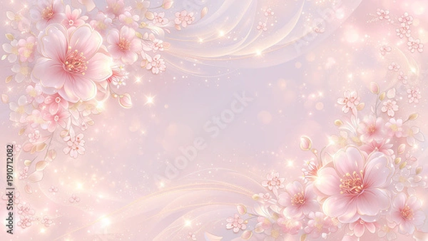 Obraz 柔らかなピンクの背景に咲く桜と優雅な曲線デザイン
