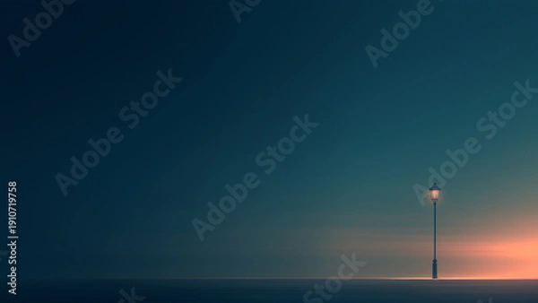 Obraz 深緑の静かな地平線に一筋の街灯が灯るミニマルな風景