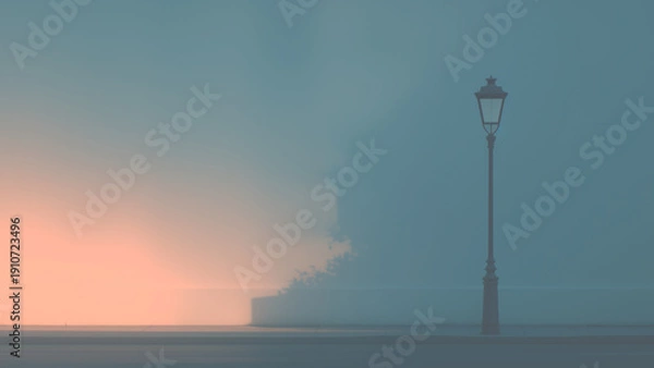 Obraz 夕暮れ時の霧の中に立つ一筋の街灯とシルエット背景