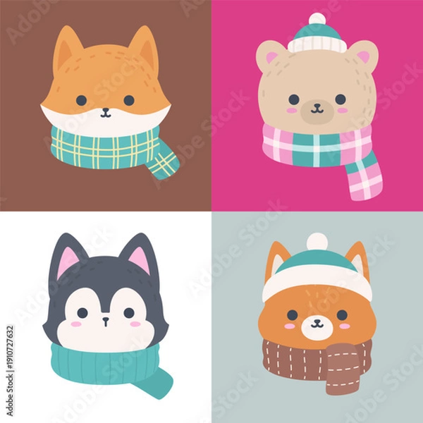 Obraz Cute Winter Animal Head Set Fox Bear Wolf Squirrel Flat Vector