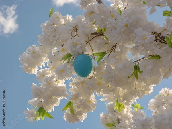 Obraz Blue Easter egg on  branch with white flowers