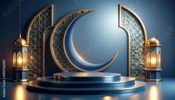 Obraz Islamic Ramadan crescent moon stage with lantern