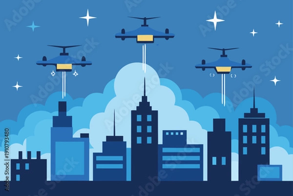 Obraz Drone Delivery Fleet Over Mega City