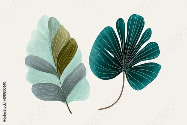 Obraz Two Stylized Botanical Leaves on Transparent Background